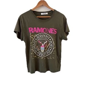 LETLUV Anthropologie Ramones Band Tee Shirt Womens S Olive Green Graphic Rock